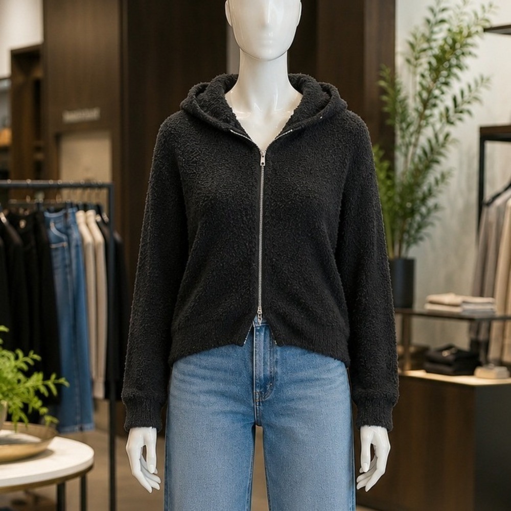 H&M Divided Womens Hoodie Black Asymmetrical Zip Boucle Knit M